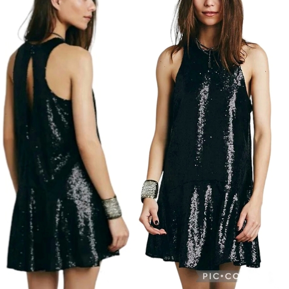 Free People Dresses & Skirts - FREE PEOPLE Sequin Tank Dress 70s Goth Glam Boho Black Sz S